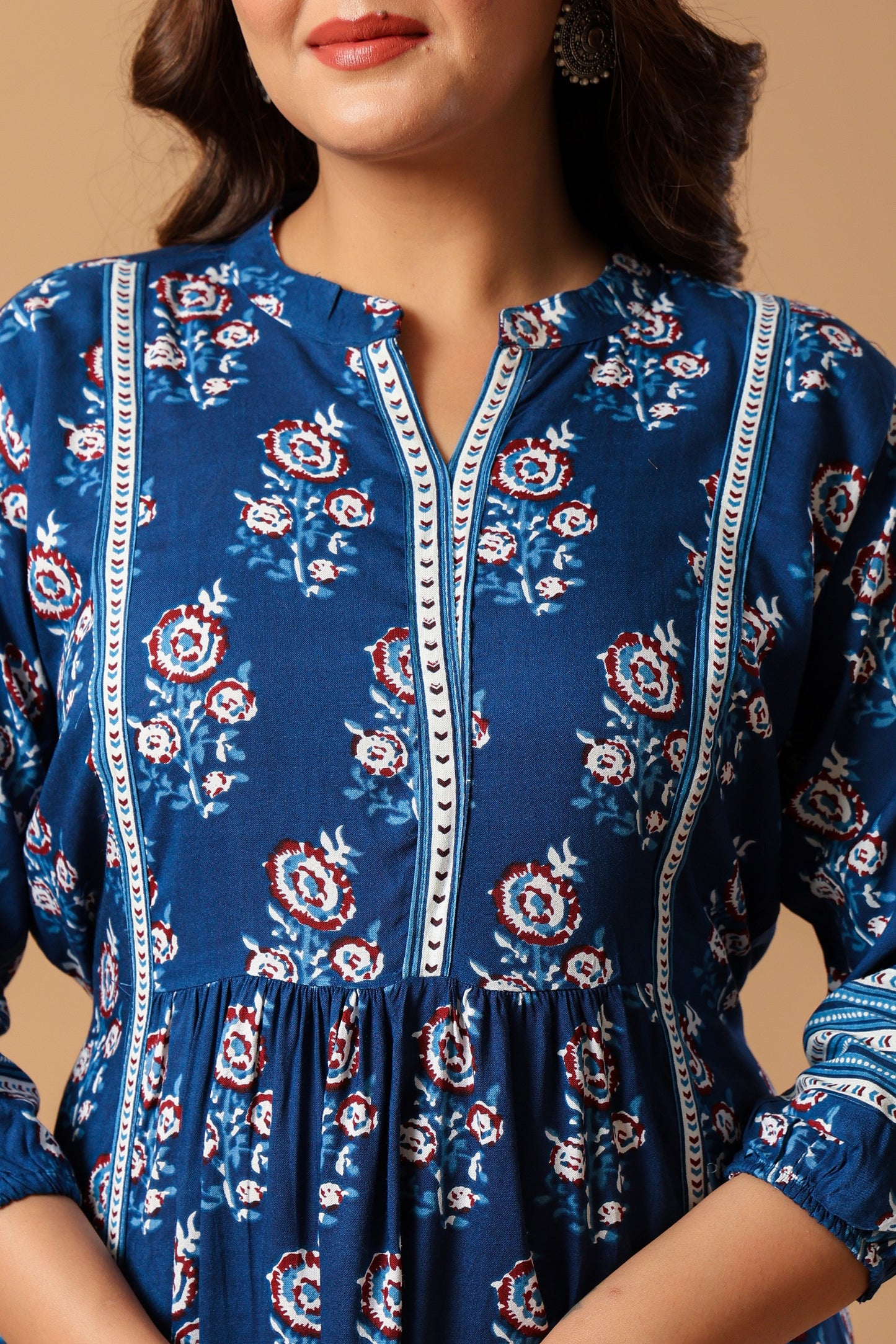 Maroon Floral Print Mandarin Collar Top