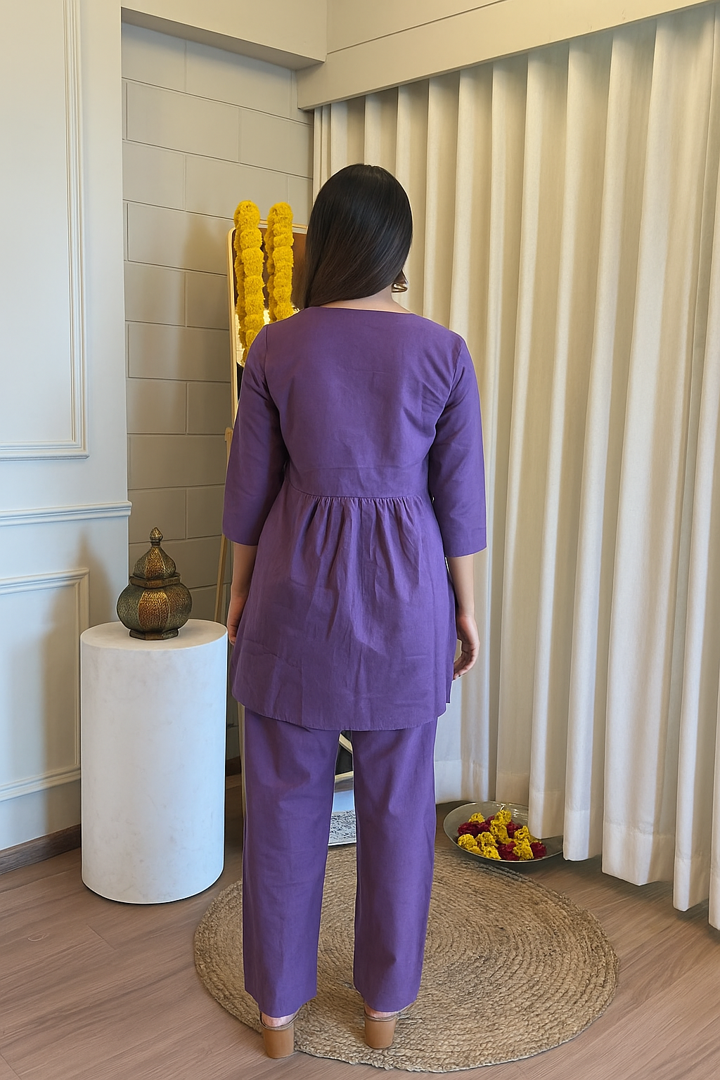 Purple Embroidered Round Neck Festive Cord Set