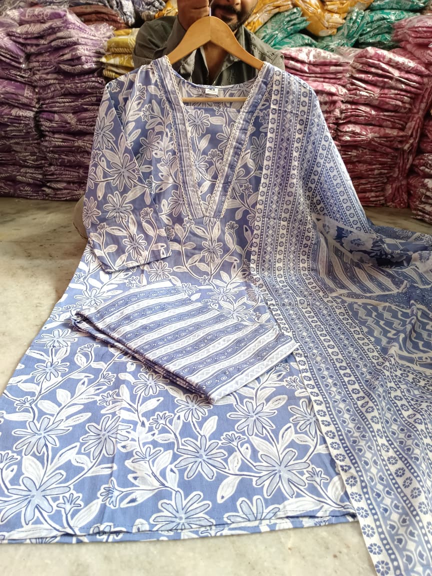 Blue Floral Printed Cotton Kurta with Pant & Dupatta