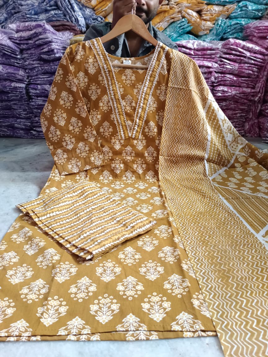 Brown Floral Printed Cotton Kurta with Pant & Dupatta