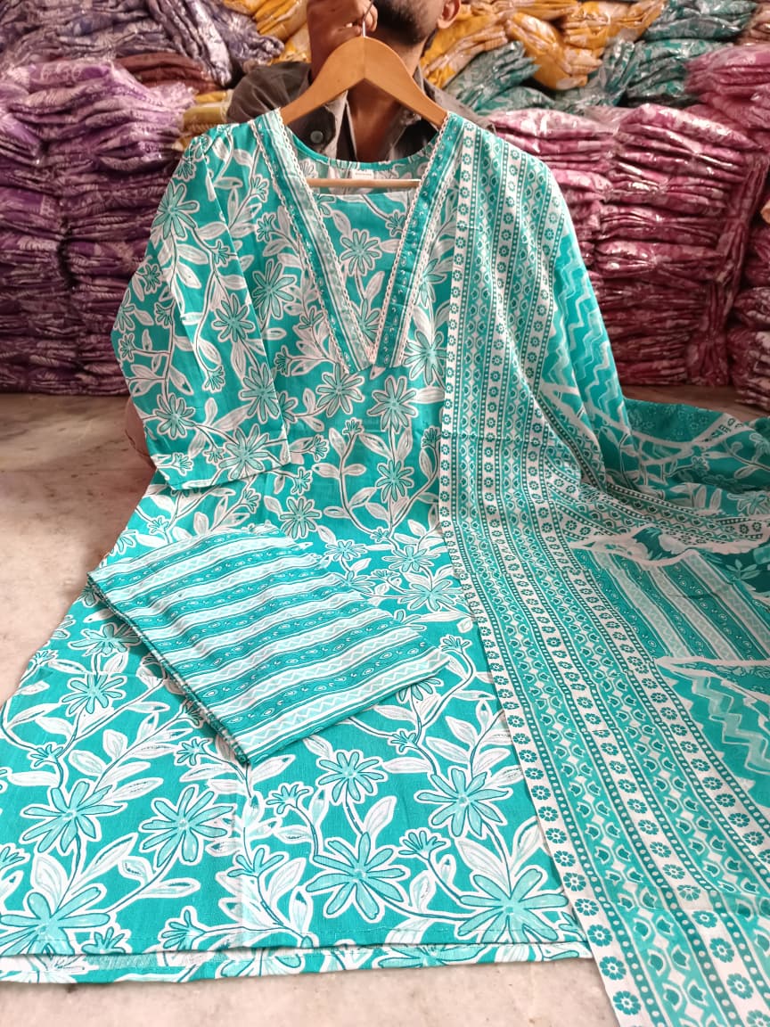 Teal Floral Printed Cotton Kurta with Pant & Dupatta