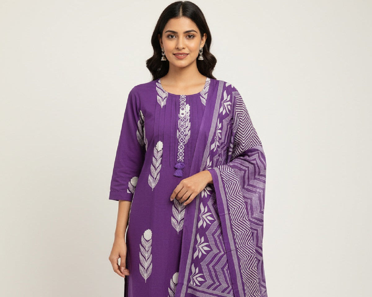 Green Embroidered Cotton Kurta with Trousers & Dupatta