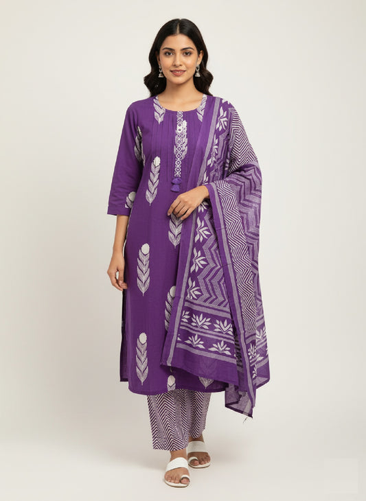 Purple Embroidered Cotton Kurta with Trousers & Dupatta