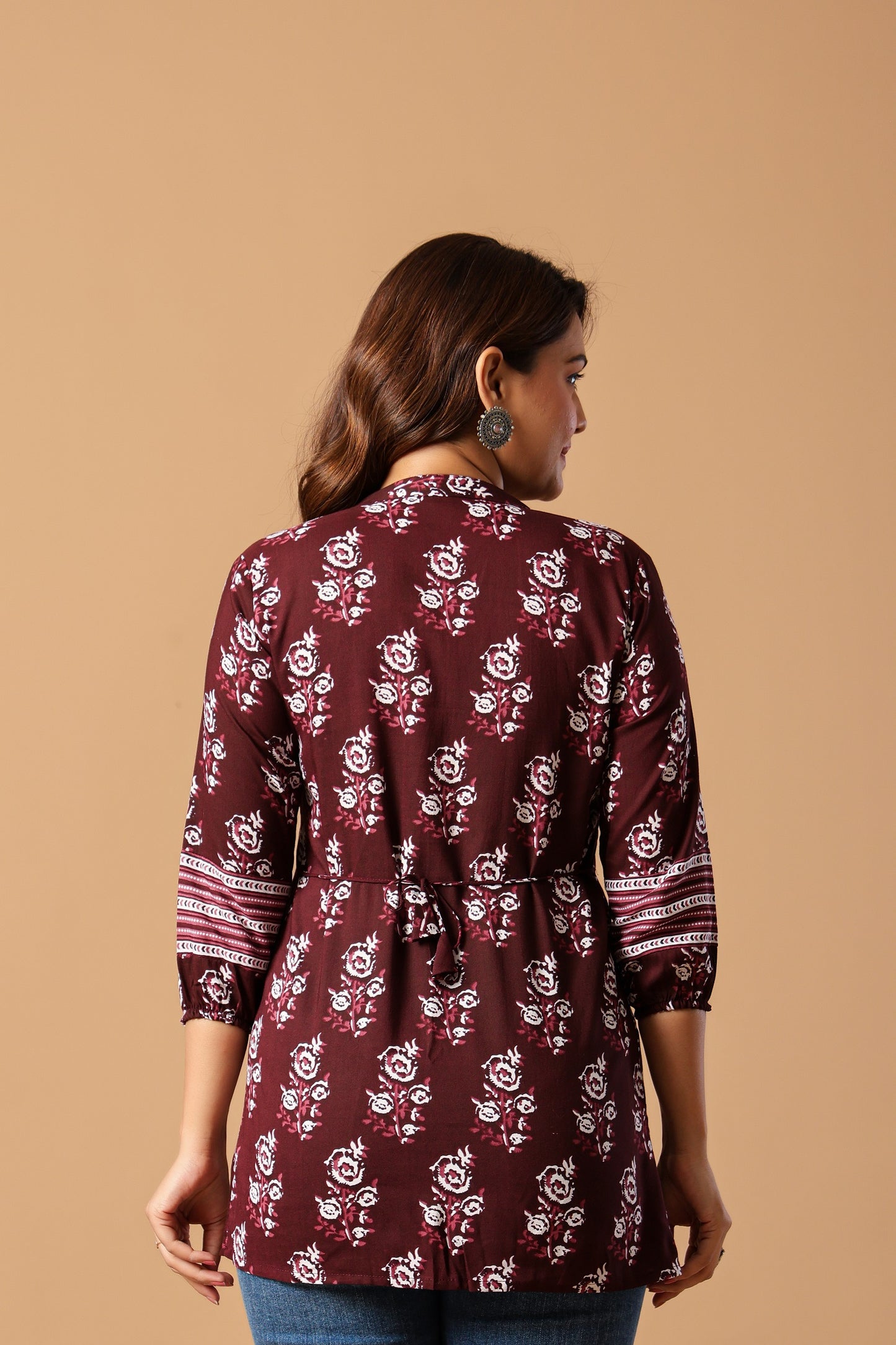 Blue Floral Print Mandarin Collar Top