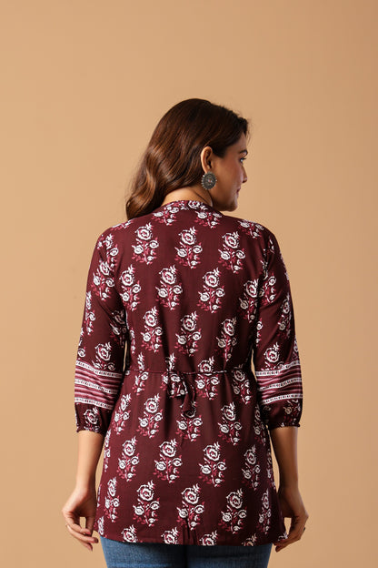 Blue Floral Print Mandarin Collar Top