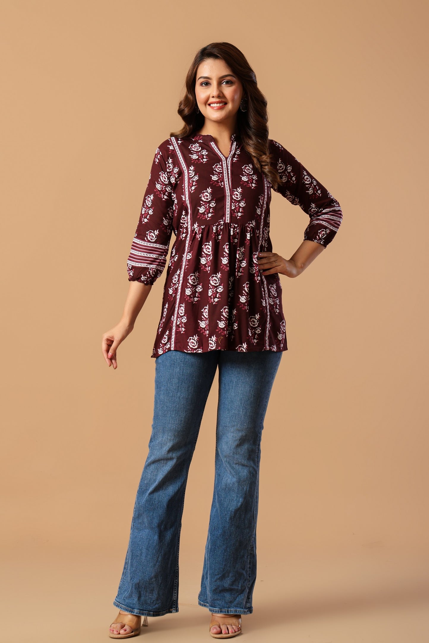 Blue Floral Print Mandarin Collar Top