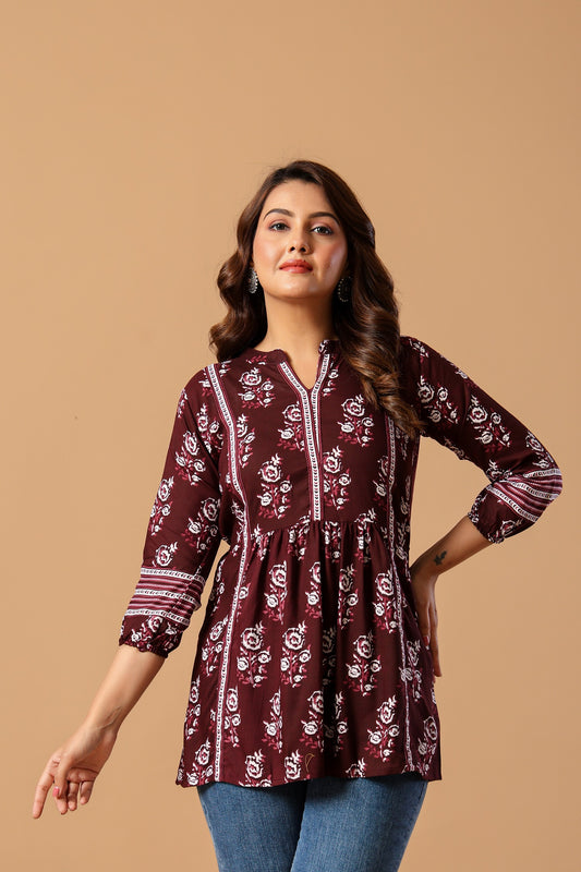 Maroon Floral Print Mandarin Collar Top