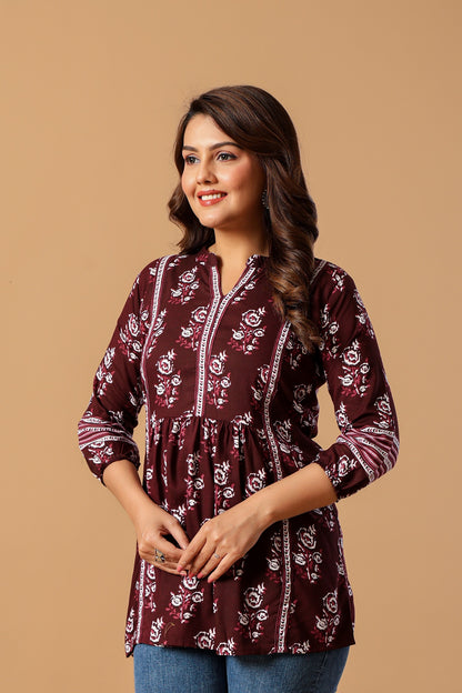 Blue Floral Print Mandarin Collar Top