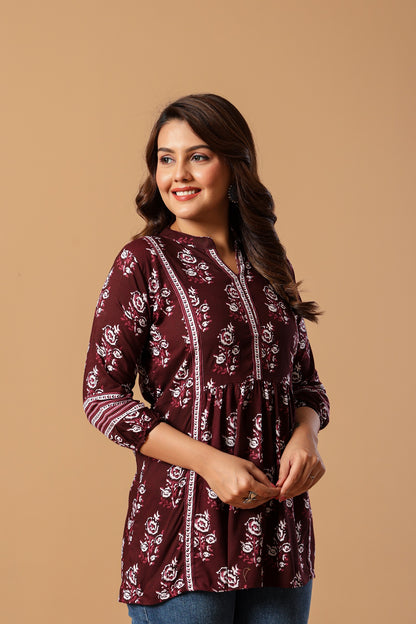 Blue Floral Print Mandarin Collar Top