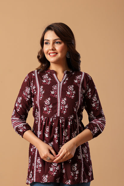 Blue Floral Print Mandarin Collar Top