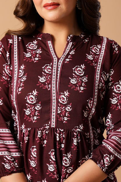 Blue Floral Print Mandarin Collar Top