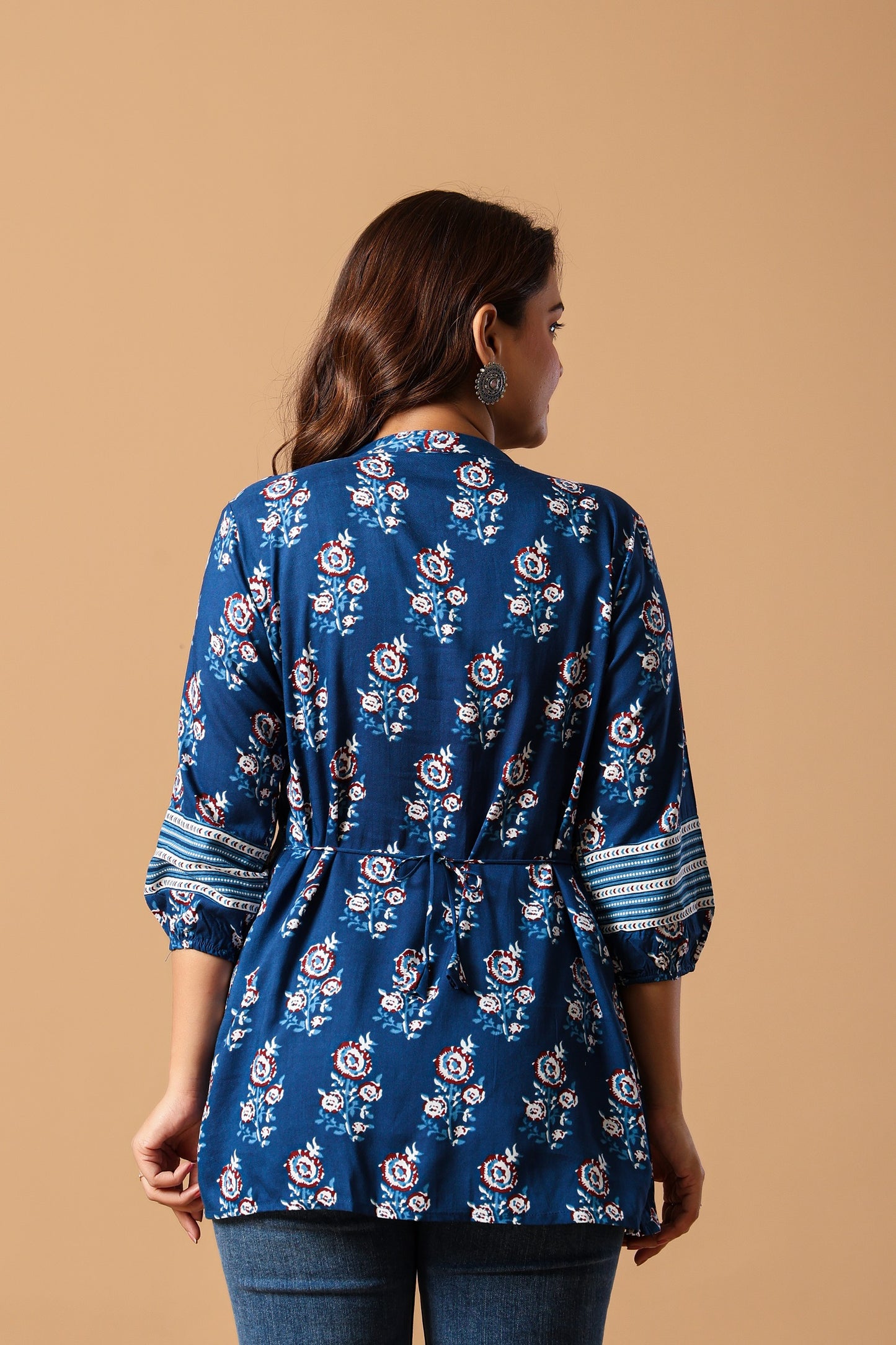 Blue Floral Print Mandarin Collar Top