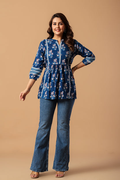 Blue Floral Print Mandarin Collar Top