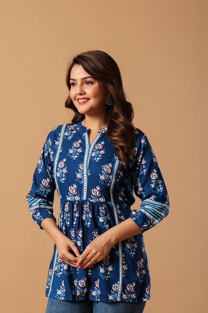 Blue Floral Print Mandarin Collar Top