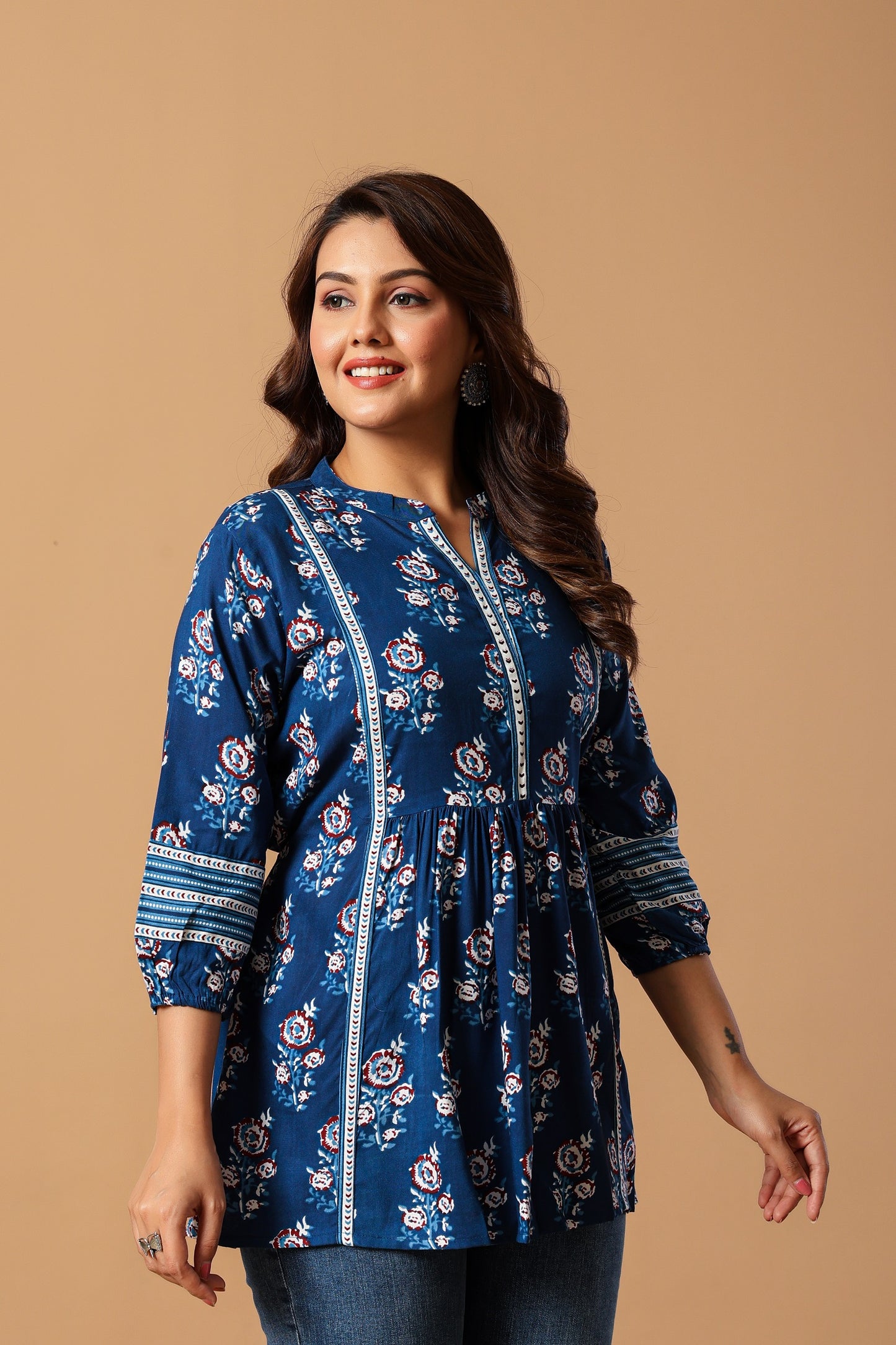 Blue Floral Print Mandarin Collar Top