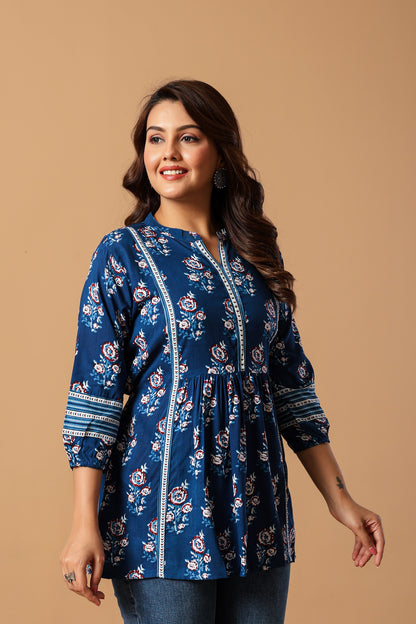 Blue Floral Print Mandarin Collar Top