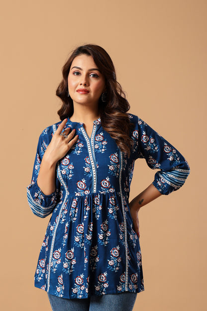 Blue Floral Print Mandarin Collar Top