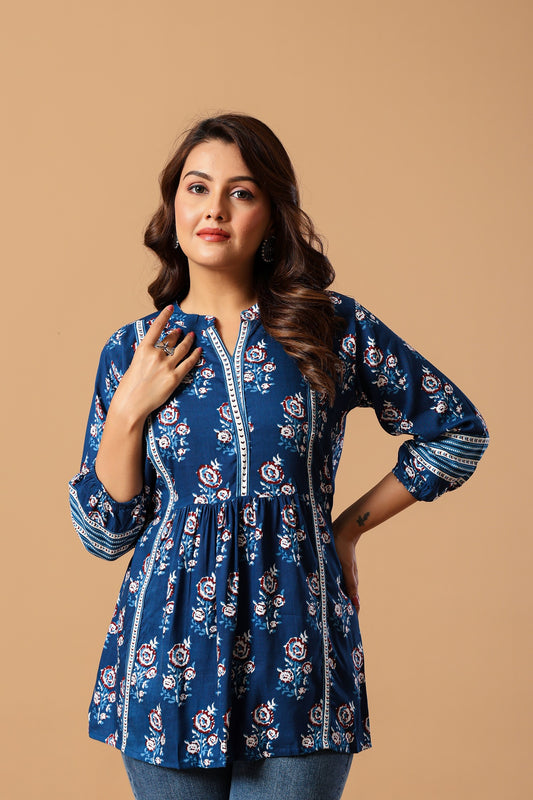 Blue Floral Print Mandarin Collar Top