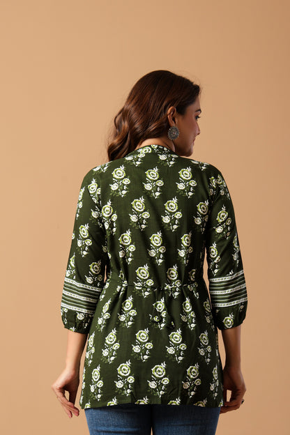 Blue Floral Print Mandarin Collar Top