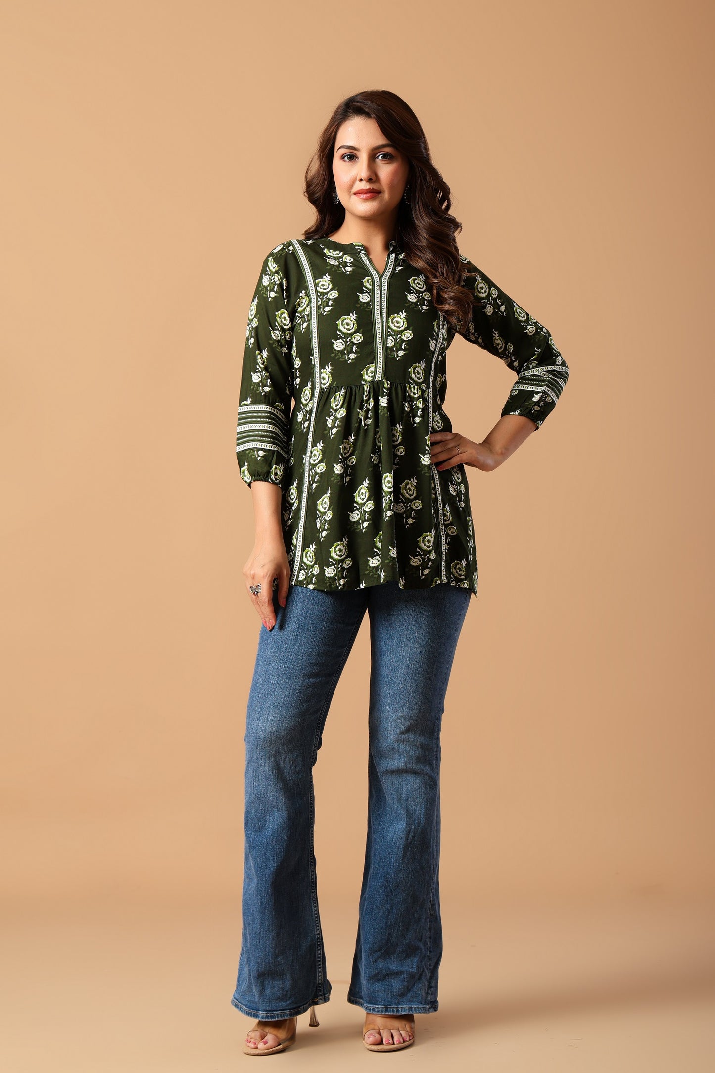 Blue Floral Print Mandarin Collar Top