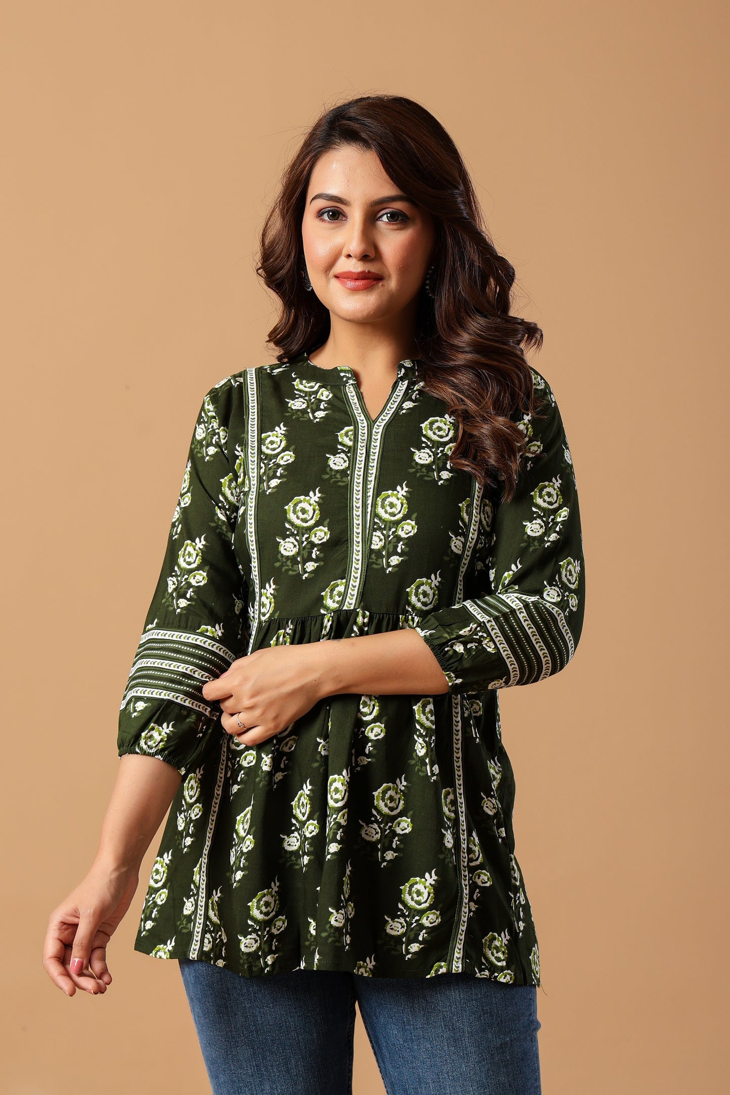 Blue Floral Print Mandarin Collar Top