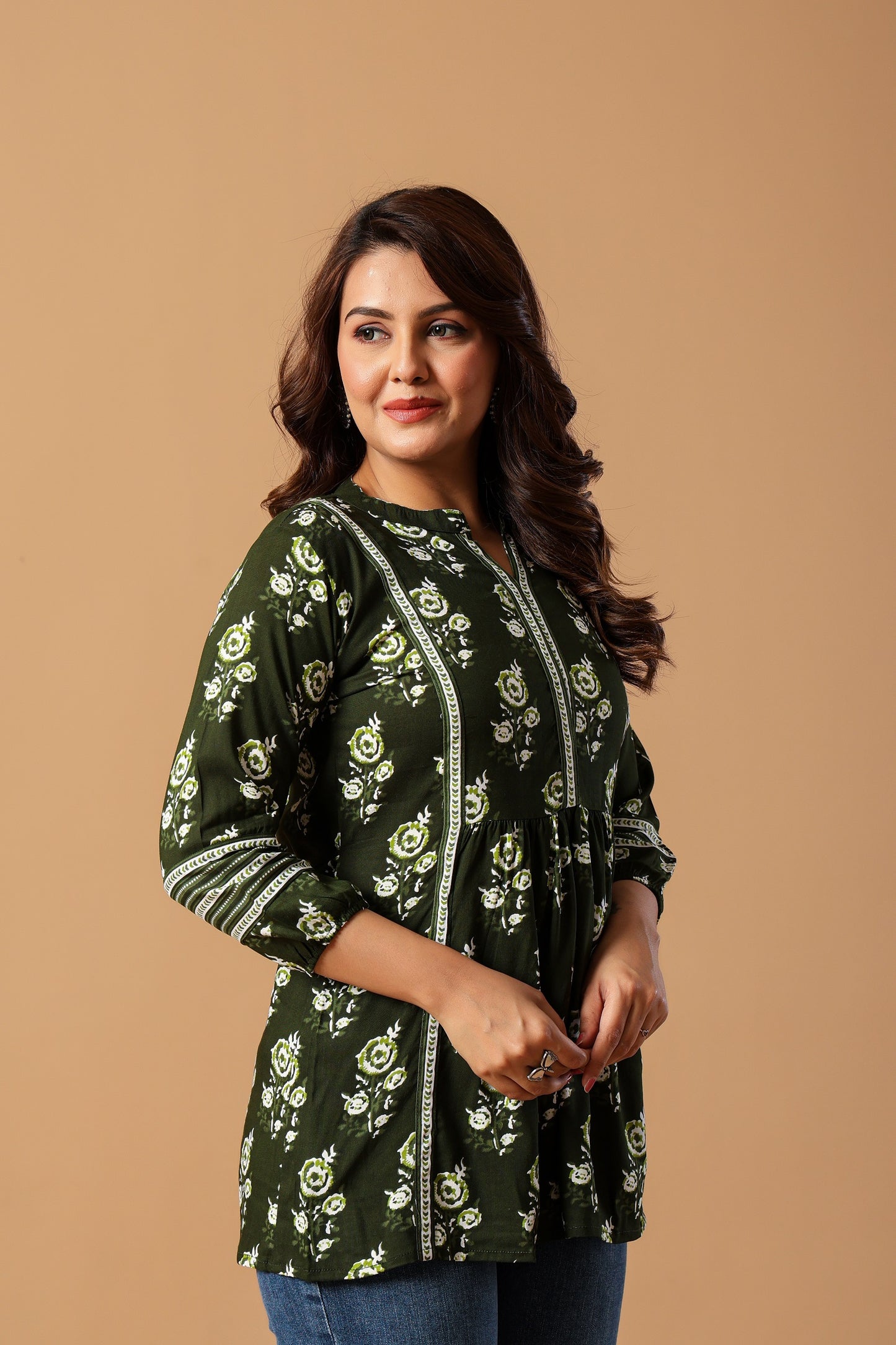 Blue Floral Print Mandarin Collar Top