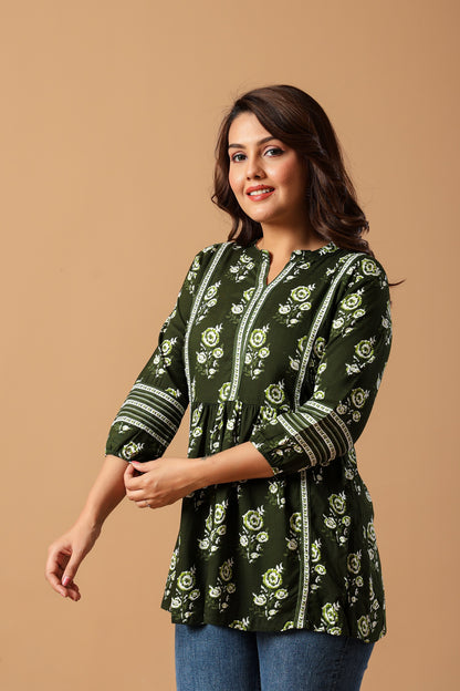 Blue Floral Print Mandarin Collar Top