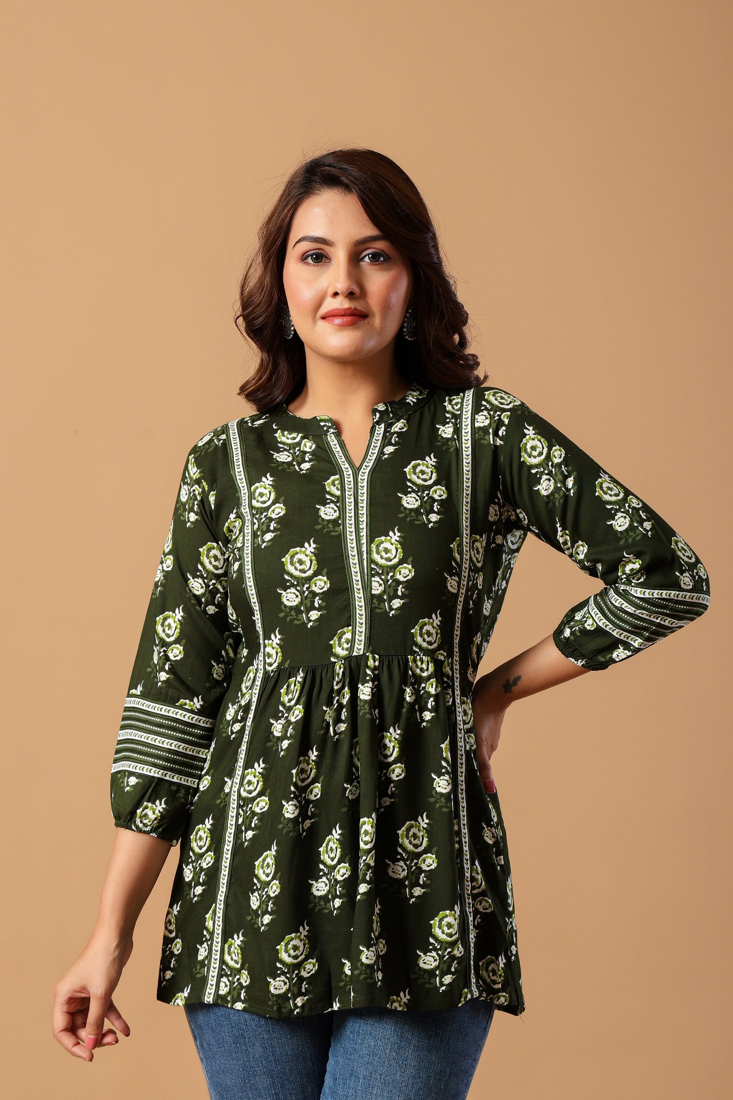 Blue Floral Print Mandarin Collar Top