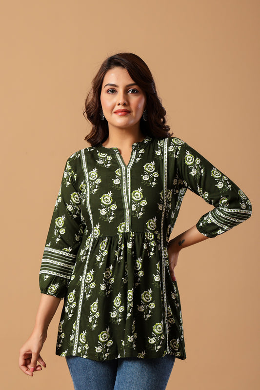 Green Floral Print Mandarin Collar Top