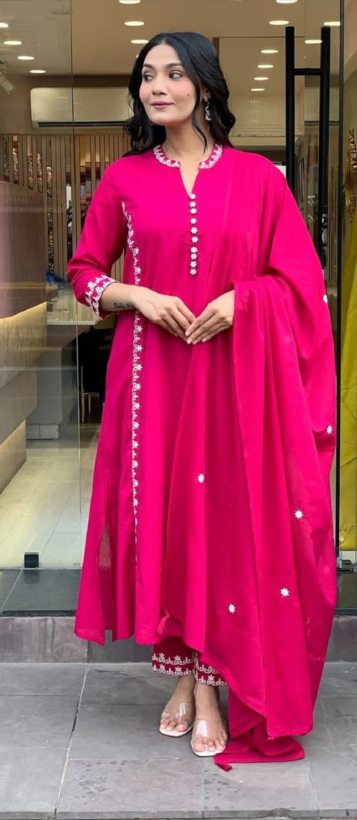 Embroidered Pure Cotton Kurta with Trousers & Dupatta