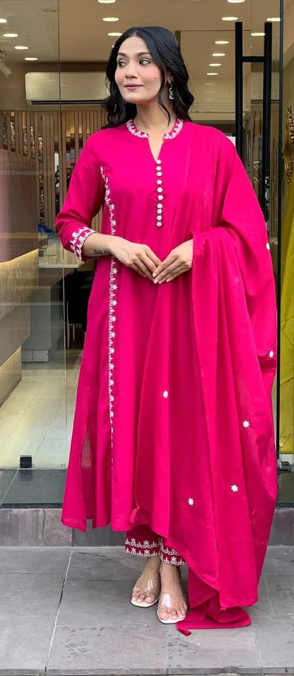 Embroidered Pure Cotton Kurta with Trousers & Dupatta