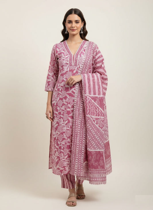 Maroon Floral Printed Cotton Kurta with Pant & Dupatta