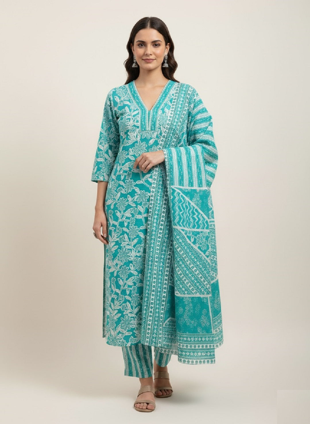 Teal Floral Printed Cotton Kurta with Pant & Dupatta