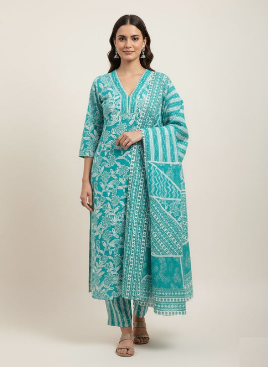 Teal Floral Printed Cotton Kurta with Pant & Dupatta