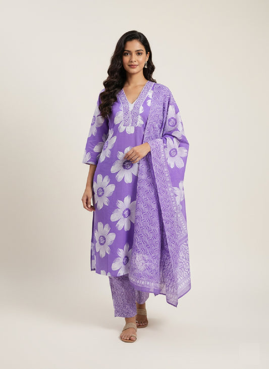 Dark Purple Floral Printed Cotton Kurta with Pant & Dupatta