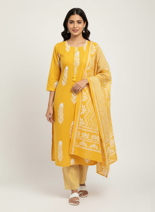 Yellow Embroidered Cotton Kurta with Trousers & Dupatta