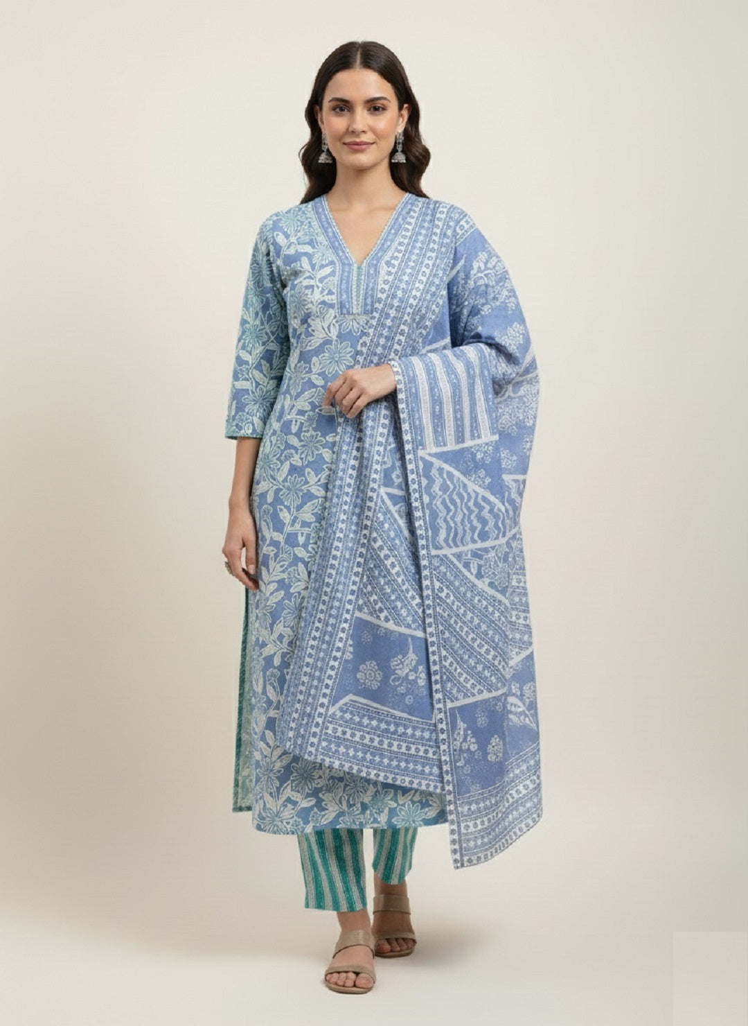 Blue Floral Printed Cotton Kurta with Pant & Dupatta