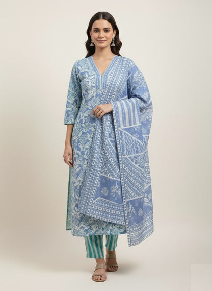 Blue Floral Printed Cotton Kurta with Pant & Dupatta