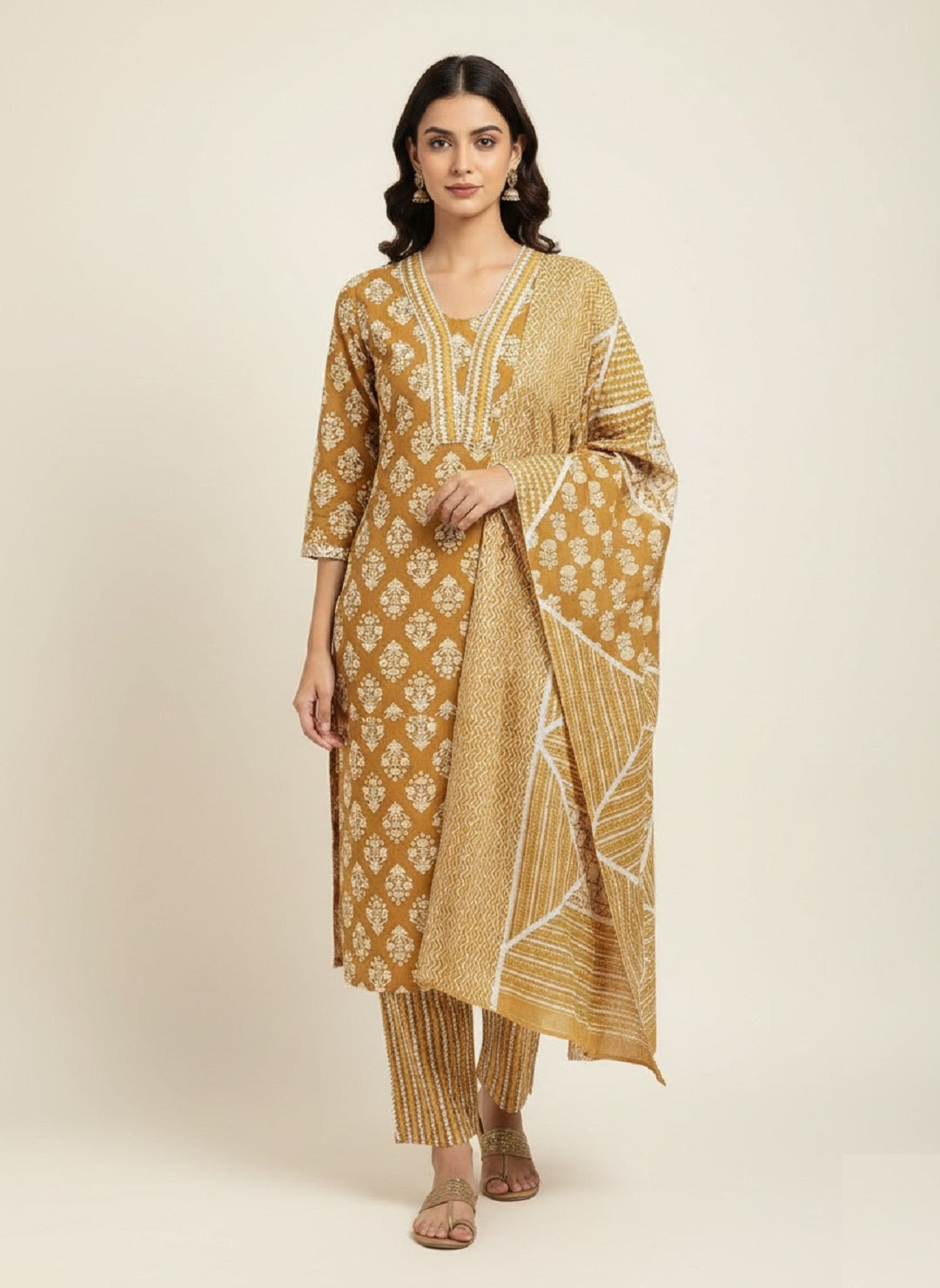 Brown Floral Printed Cotton Kurta with Pant & Dupatta