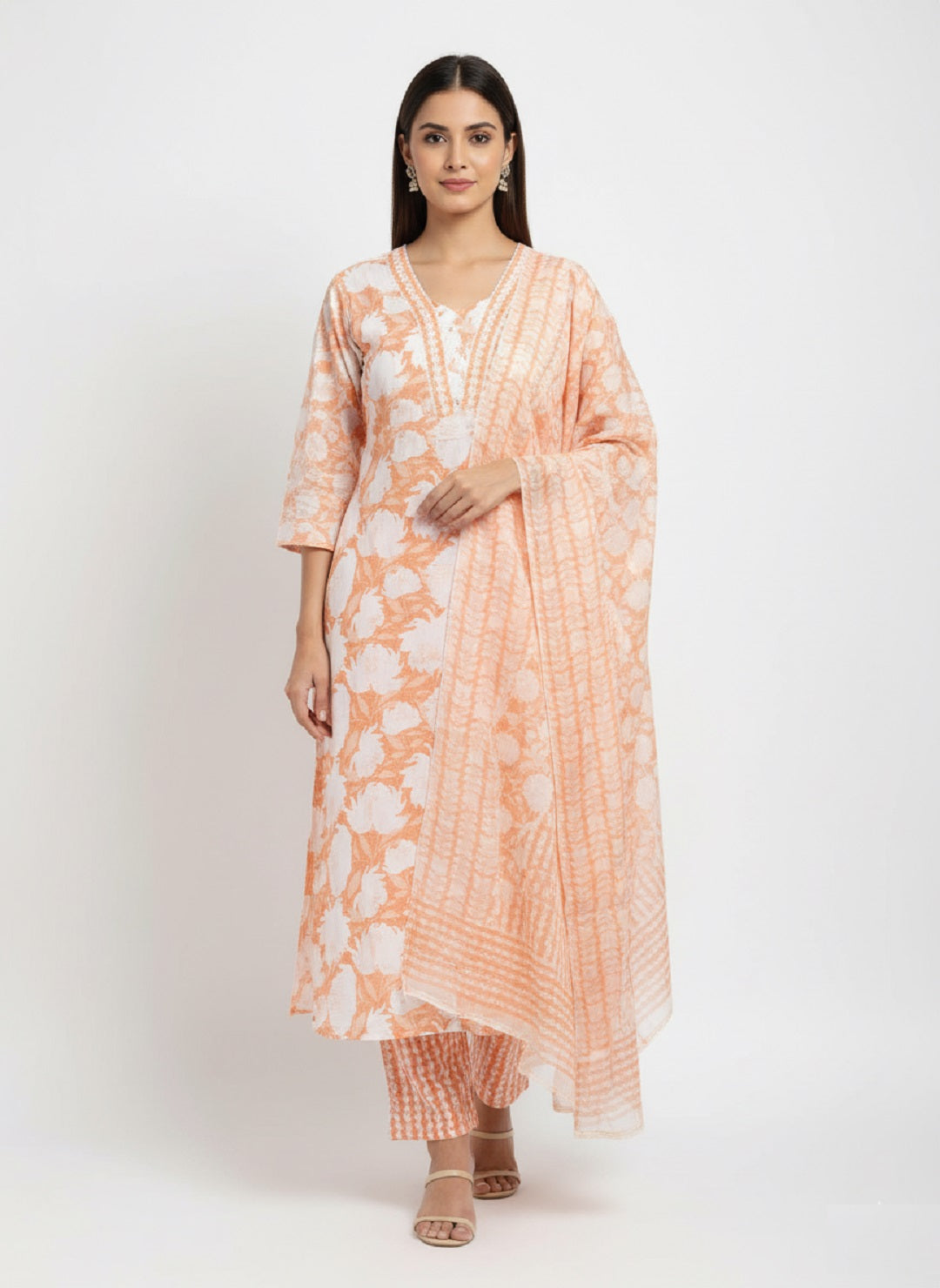 Orange Floral Printed Cotton Kurta with Pant & Dupatta