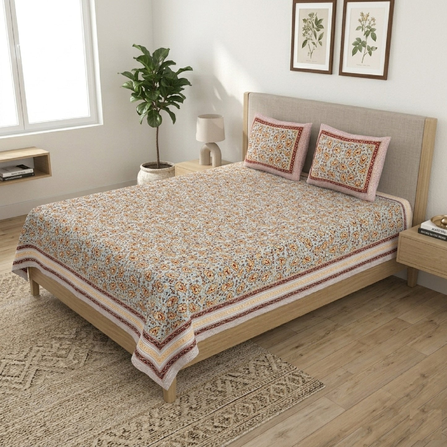 King Size 100% Cotton Double Bedsheet with 2 Pillow Covers