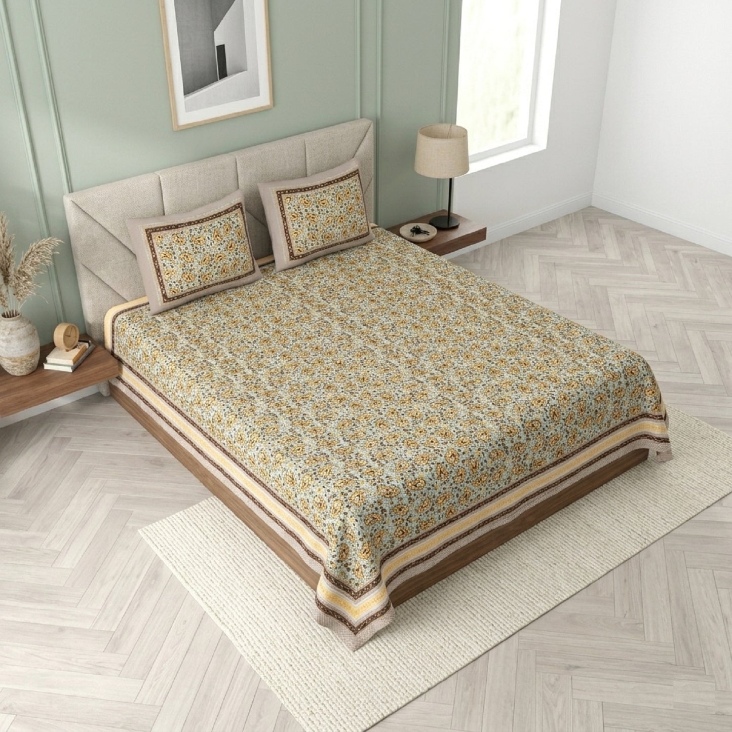 King Size 100% Cotton Double Bedsheet with 2 Pillow Covers