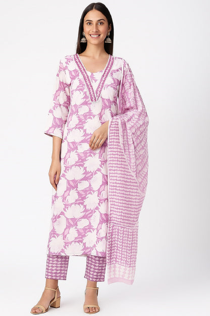 Purple Floral Printed Cotton Kurta with Pant & Dupatta