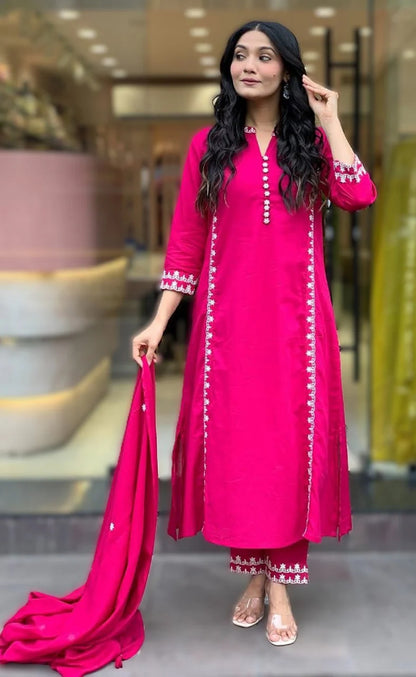 Embroidered Pure Cotton Kurta with Trousers & Dupatta