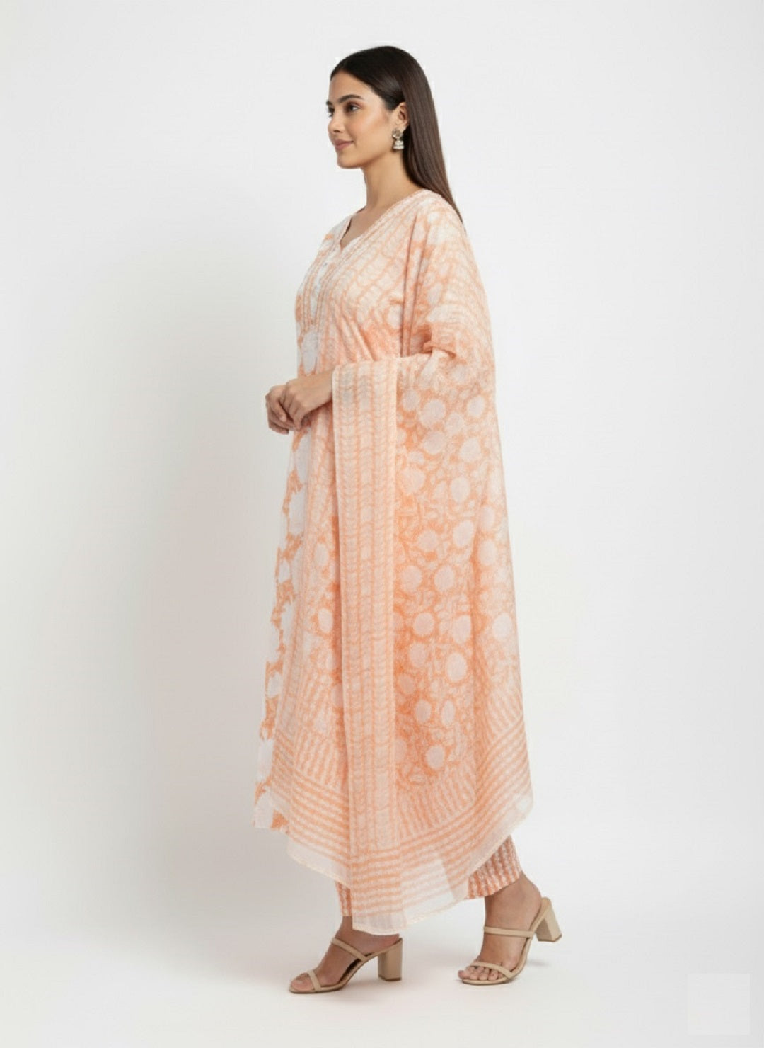 Orange Floral Printed Cotton Kurta with Pant & Dupatta