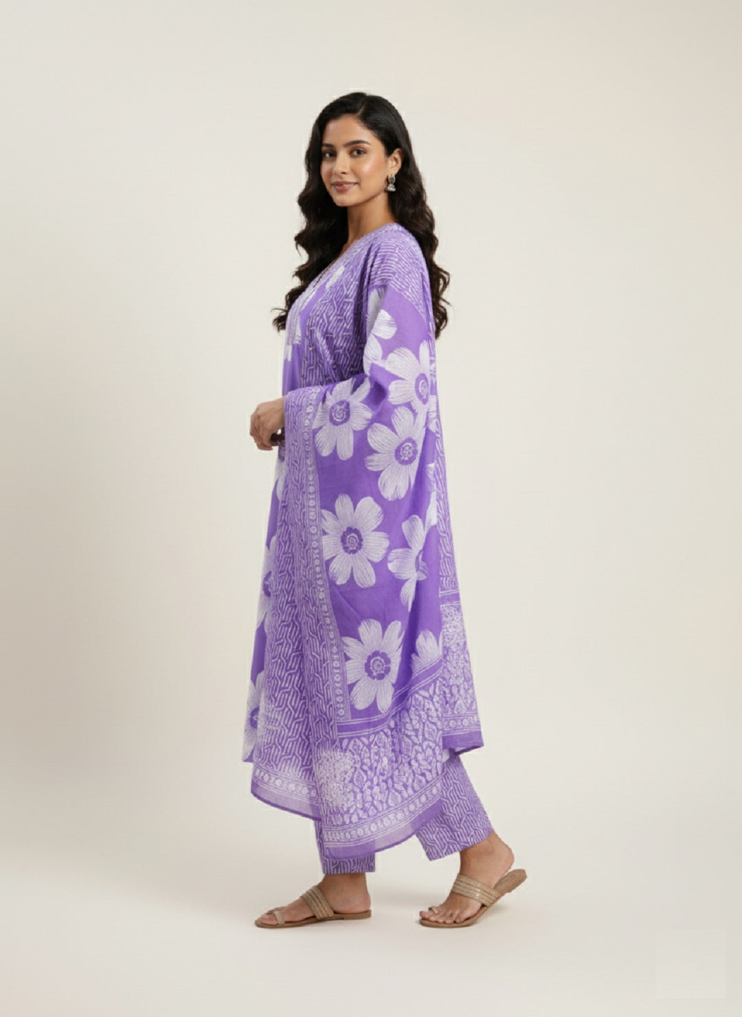 Dark Purple Floral Printed Cotton Kurta with Pant & Dupatta