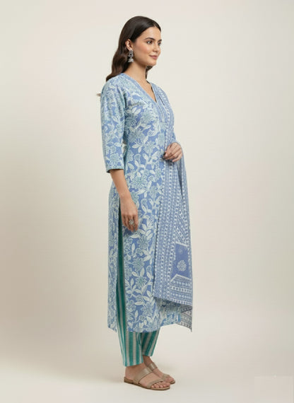 Blue Floral Printed Cotton Kurta with Pant & Dupatta