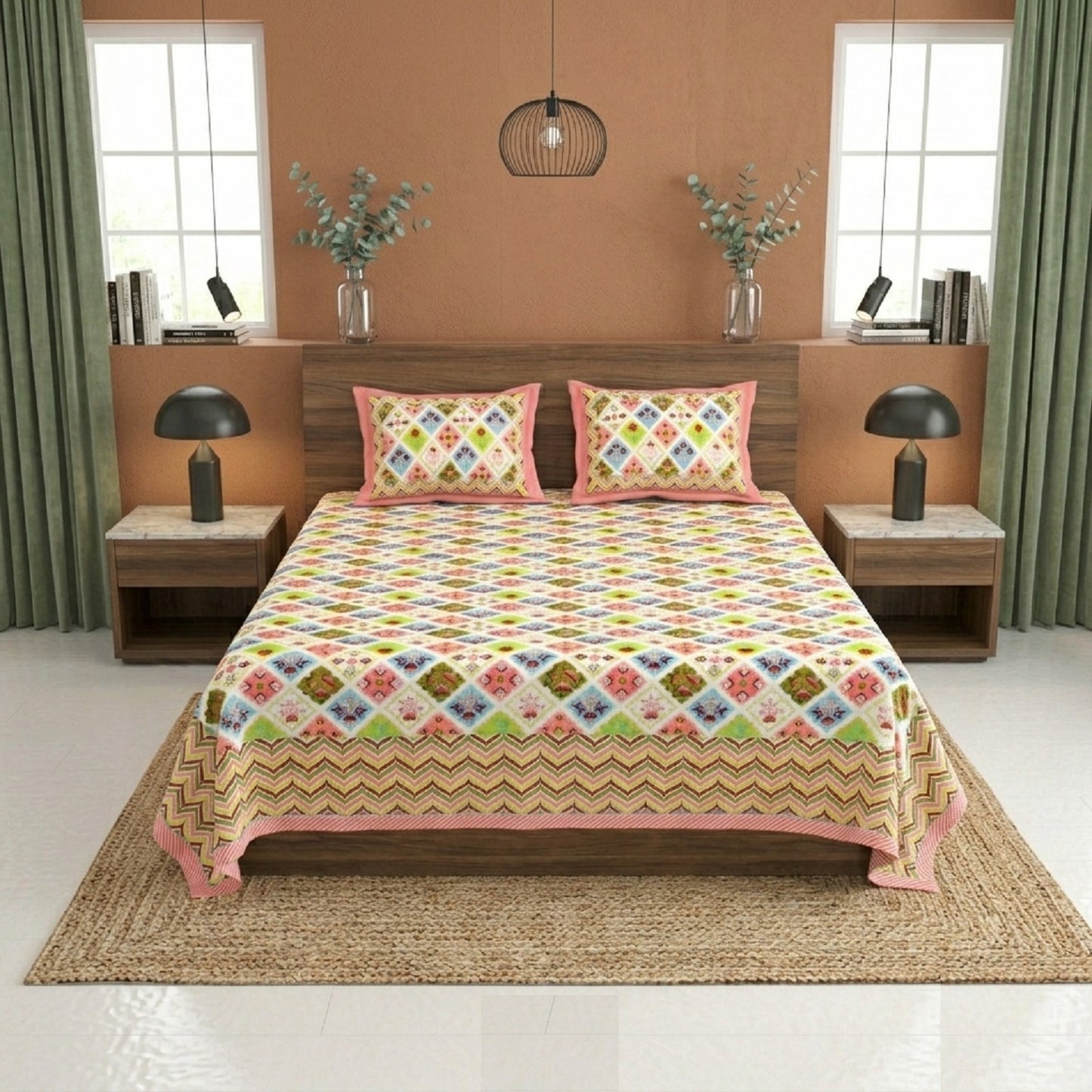 King Size 100% Cotton Double Bedsheet with 2 Pillow Covers