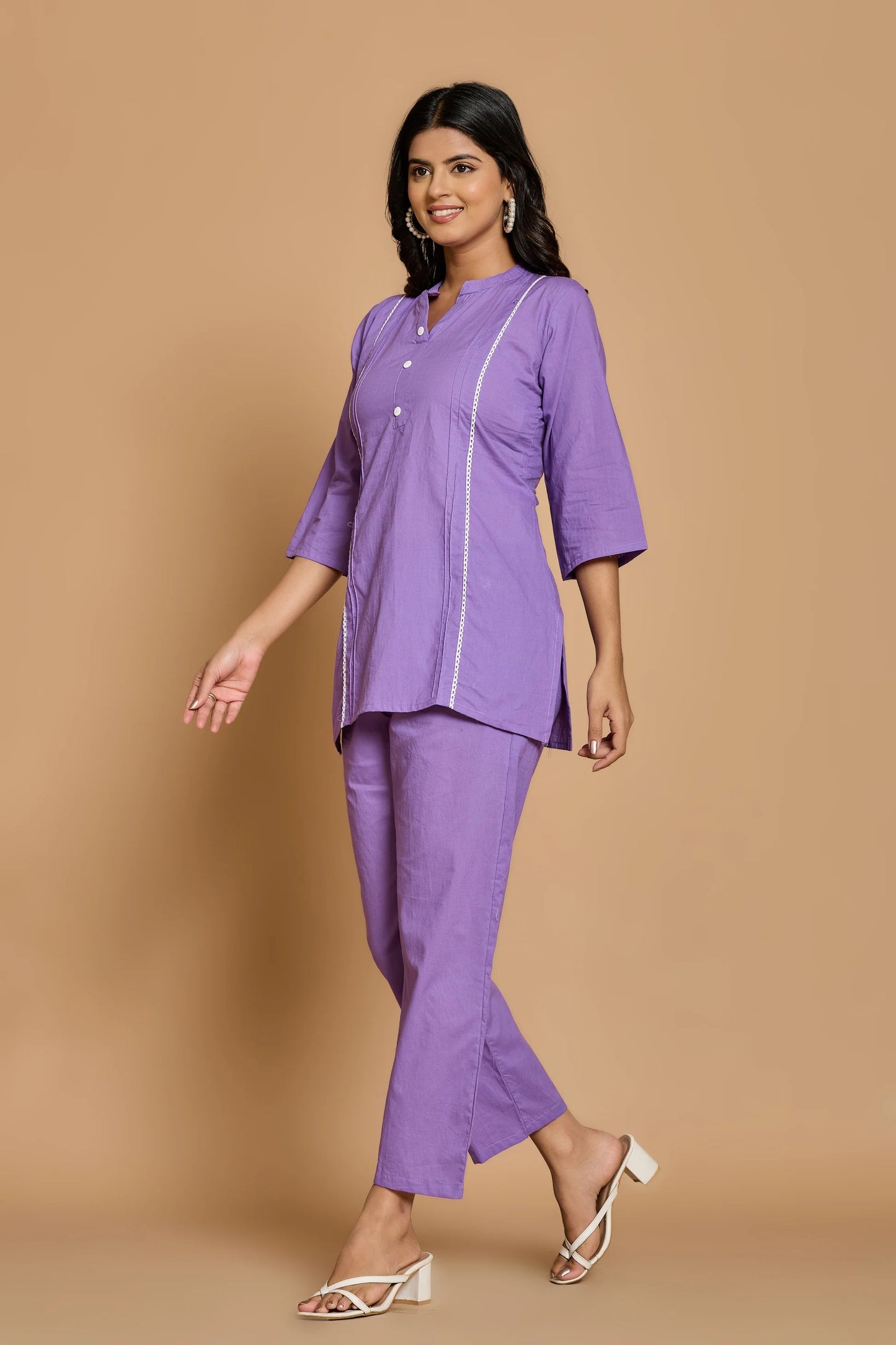 Blue Mandarin Collar Pure Cotton Cord Set