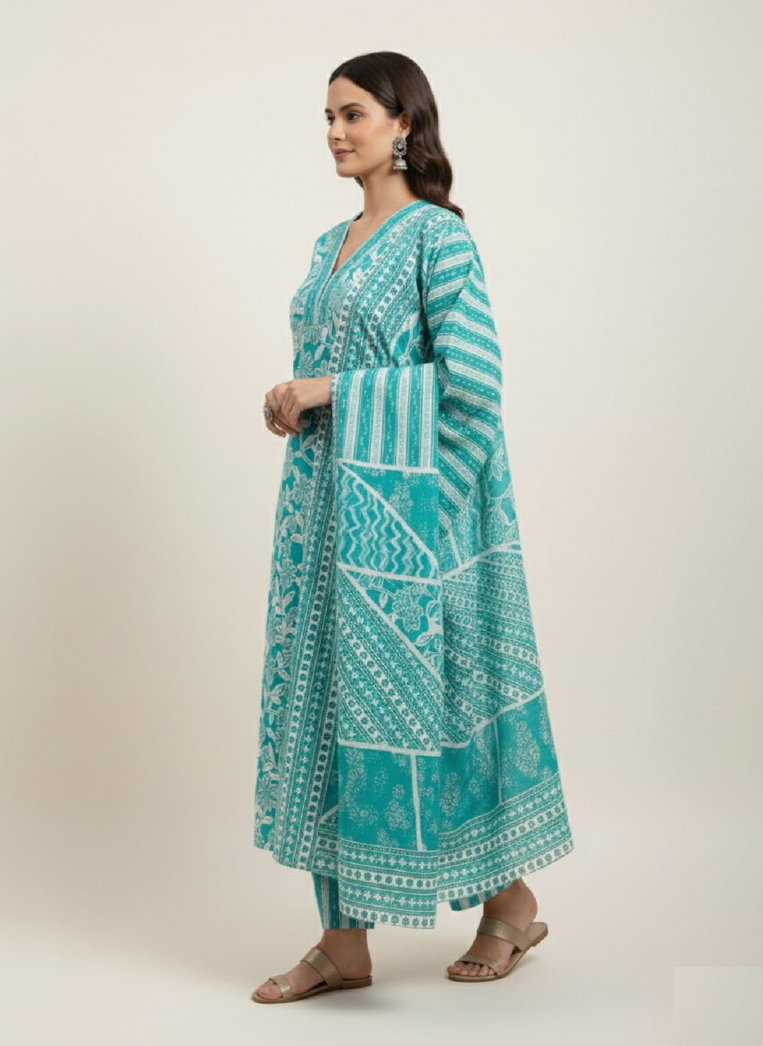 Teal Floral Printed Cotton Kurta with Pant & Dupatta